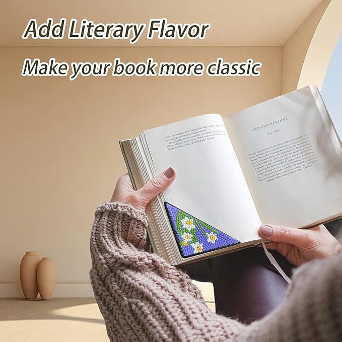 Ergonomic Diamond Art Pen with 8 Pcs Diamond Art Bookmarks Kit for Adult, DIY Diamond Paint Corner Book Makers Set, Small Diamond Art Kits, Paint by Art Crafts Kit Gifts(Floral 8)