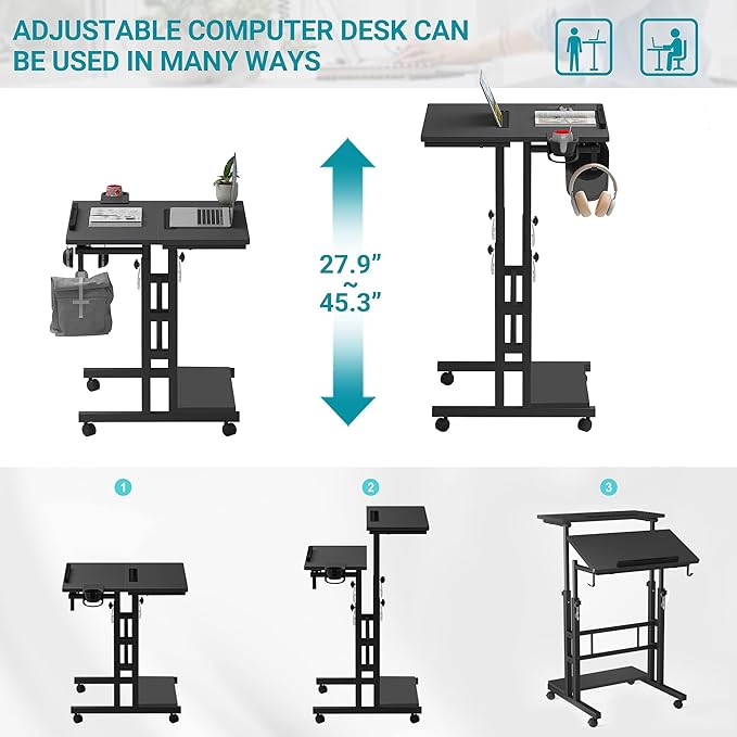 Klvied Mobile Standing Desk with Storage Bottom Shelf, Portable Stand Up Desk with Cup Holder, Adjustable Height Small Standing Desk, Rolling Desk with Wheels, Home Office Laptop Cart, Black