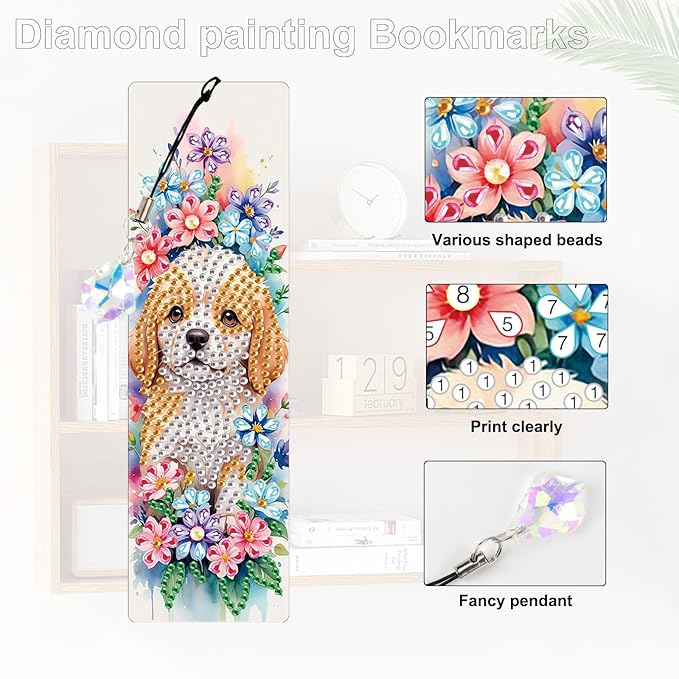 4 Pieces Diamond Art Painting Bookmarks for Adults 5D Floral Rhinestone Bookmarks Animal Dog Art Bookmarks DIY Diamond Painting Bookmarks with Tassels Crafts Supplies