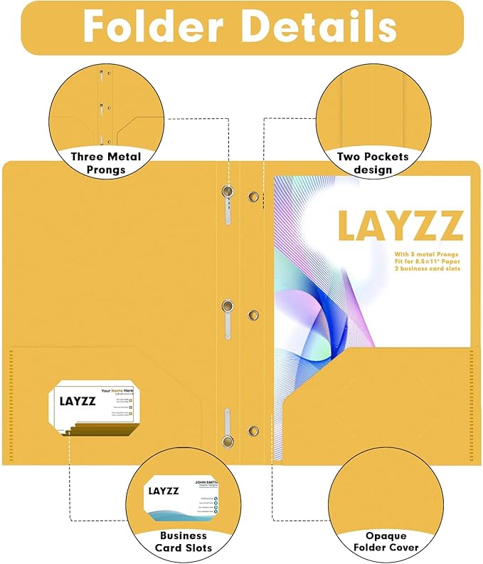 Plastic 2 Pocket Folders with Prongs, 30 Pack, Heavyweight, Letter Size Poly Folders with 3 Metal Prongs Fastener Clips (Yellow)