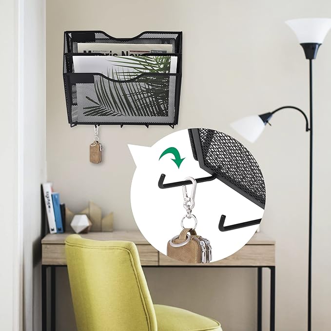 EASEPRES 3 Pocket Mesh Hanging File Organizer with Key Holder Hooks & Nametag Label, Wall Mounted Mail Paper Document Folder Clipboard Storage Organization Magazine Rack for Office Cubicle, Black