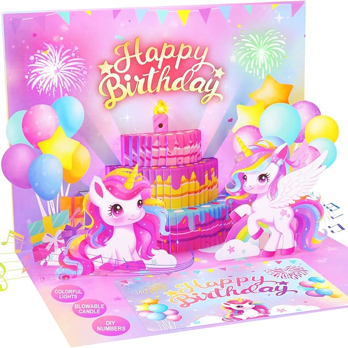 Pop Up Birthday Card with Light & Music, Unicorn 3D Birthday Card, Fireworks Birthday Card for Women Kids Girls Daughter, 3D Cake Greeting Crad with Blowable Candle Sticker DIY Numbers