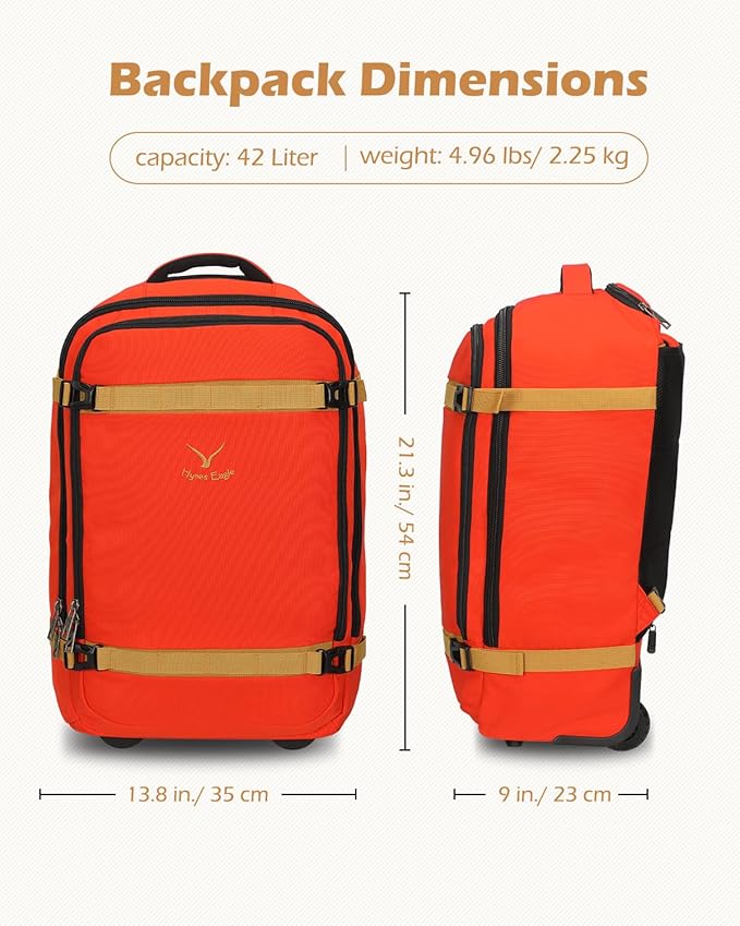 Hynes Eagle Rolling Backpack 42L Backpack with Wheels Airline Approved Carry on Luggage Laptop Travel Backpack for Women Men Orange Red