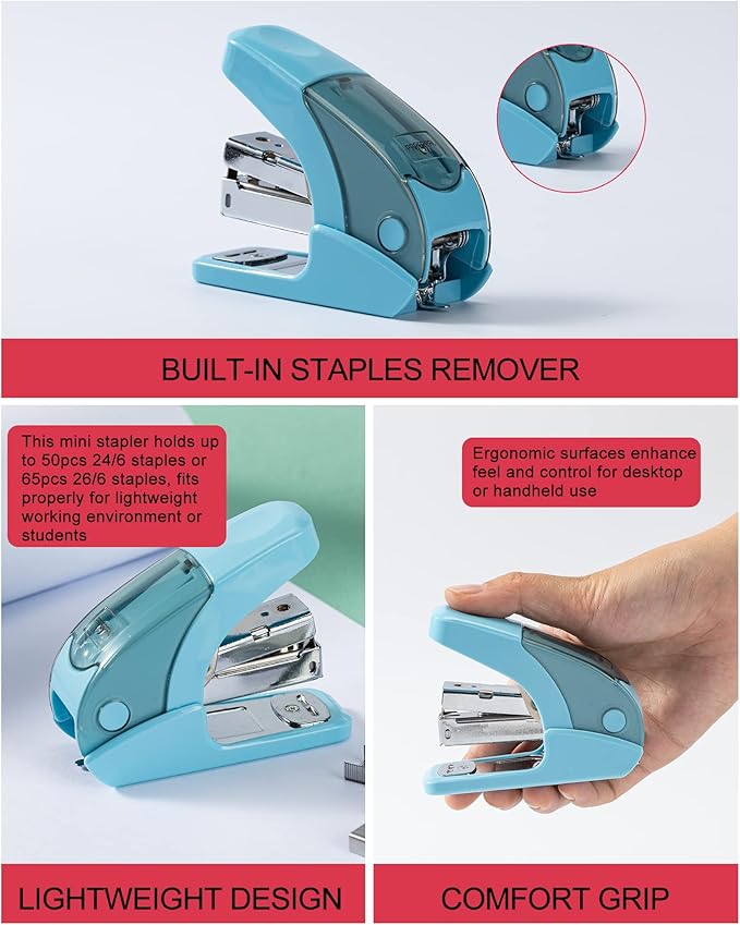 PAPERPAL Effortless Mini Stapler Set, 20 Sheet Capacity, Integrated Remover & Staple Storage, Holds 1/4" Staples, Includes 1000 Staples, Lightweight, Office, School & Daily Use, Light Blue