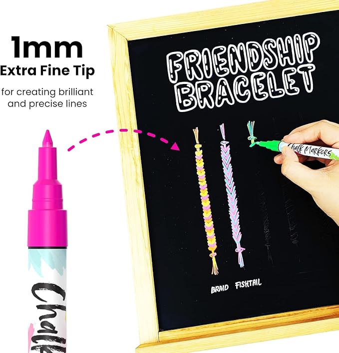 Chalk Markers Fine Tip (10 Pack, 1mm Extra Fine Point) - Neon Liquid Chalk Pens for Blackboards, Chalkboard, Bistro, Car Windows, Dry Erase Boards, Glass - Thin, Wet Erase, Erasable Chalkboard Markers