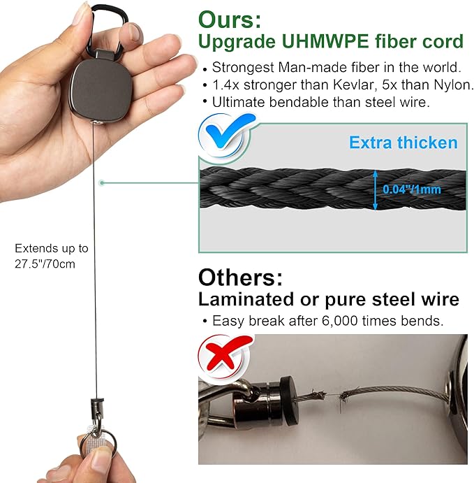 Will Well ID Badge Holder Reel with Clip and Keyring - Heavy-Duty All-Metal Casing with 27.5"UHMWPE Fiber Pull Cord for Durability and Easy Access, Holds up to 8 Keys - 2-Pack, Square, Matte Black