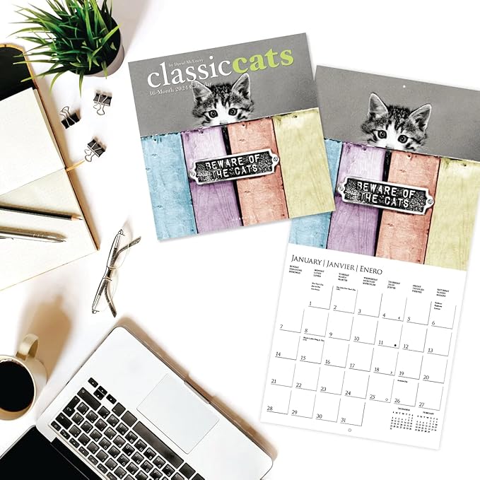 Graphique 2024 Classic Cats Wall Calendar | 12” x 12” | Thick Paper | Home & Office Organizer | Large Monthly Grid | 3 Languages & Marked Holidays | 4 Month Preview Page for 2025