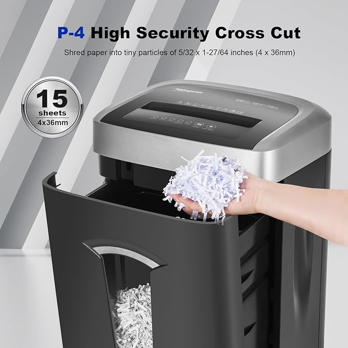 120-Minute Paper Shredder - 15-Sheet Capacity, 30L（7.9 Gallon） Bin, 58dB Quiet Operation, P4 Cross-Cut Heavy-Duty Shredder for Home & Office Use