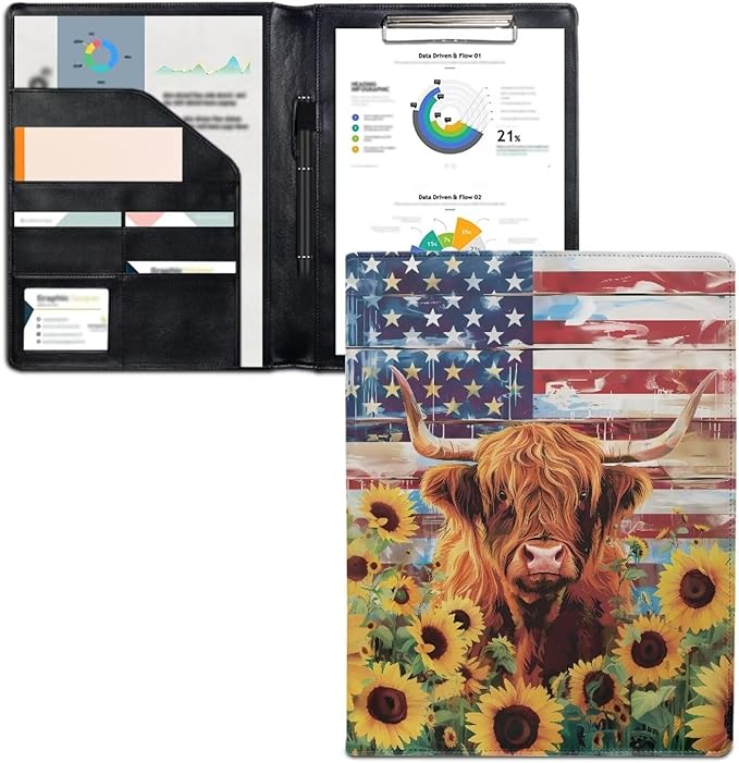 Office Folder American Flag Sunflower Cow Print PU Leather Padfolio with A4 Size Clipboard Clip for Business Resume Interview Document Sleeve Binder Folder