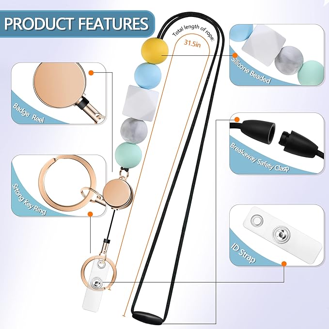 Retractable Lanyards for ID Badges and Keys, Cute Breakaway Teacher Lanyard with Badge Holders and Reels, Silicone Beaded Lanyard for Women, Nurses, Office with 2 Waterproof Card Holders