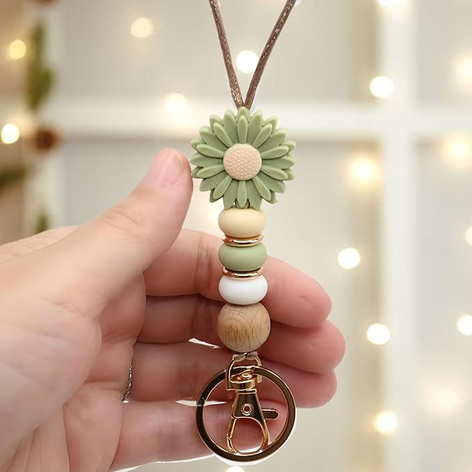 Flower Teacher Lanyards ID Badge and Key Chain, Cute Silicone Beads Lanyard for Women Nurse Work Student (Lovelia)