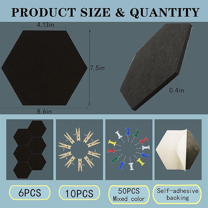6Pcs Black Hexagon Bulletin Board Strips,Black Felt Pin Board Bar Strips with 50 Pushpins, Self-Adhesive Felt Cork Board Strips for Wall to Display Your Notes, Photos, Schedules