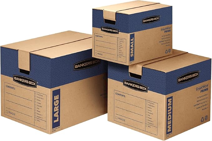 Bankers Box Large Prime Moving Box 6 Pack, Reinforced Handles, Tape-Free Assembly, Attached Lid, 18-in x 18-in x 24-in (0062904)
