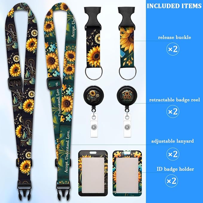2 Pack Sunflower Badge Lanyards,Adjustable Lanyard with Retractable Badge Reel,Cute ID Badge Holder for Teachers, Nurses, Students, Office Staff & Cruise Essentials
