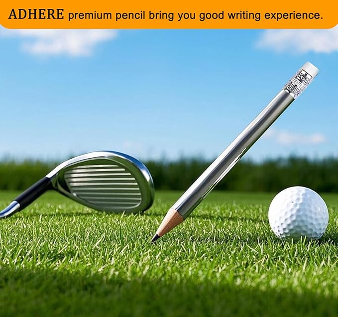 Adhere 25pcs Golf Pencils with eraser Hexagon Wooden Pencils Graphite 2B for Golf Event Scoring,Classroom,Wedding,Company Meetings,Pew, Pocket (Silver)