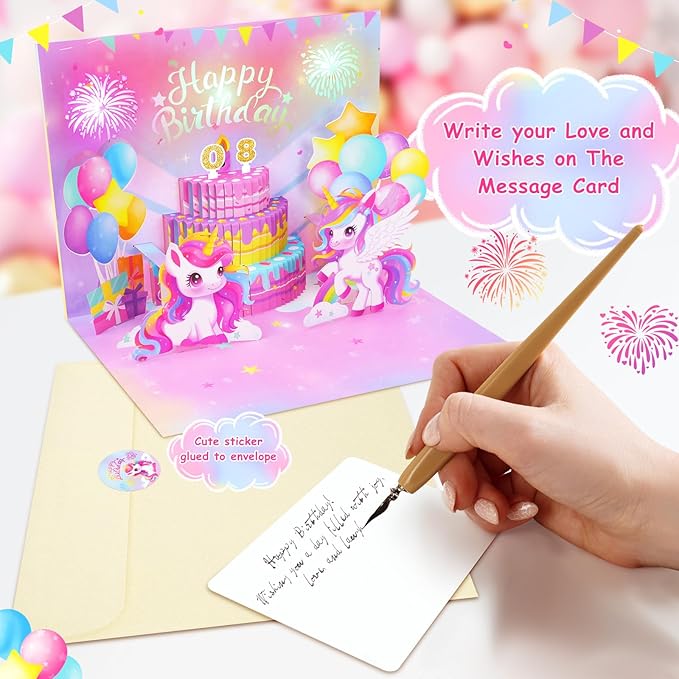 Pop Up Birthday Card with Light & Music, Unicorn 3D Birthday Card, Fireworks Greeting Card for Women Kids Girls Daughter, 3D Cake Greeting Crad with Necklace