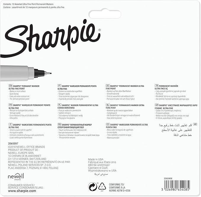 Sharpie Permanent Markers, Ultra Fine Tip Markers Set, Quick Drying And Fade Resistant Artist Marker For Wood, Plastic Paper, Metal, And More, Drawing, Coloring, And Poster Marker, Assorted Colors, 12 Count