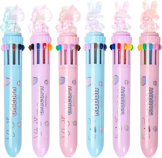 Multicolor Ballpoint Pen 0.7 mm, 10-in-1 Colored Pens Fine Point Retractable Cute Cartoon Animal Ballpoint Pens for Office School Students Kids Christmas Gift, 6 Pack