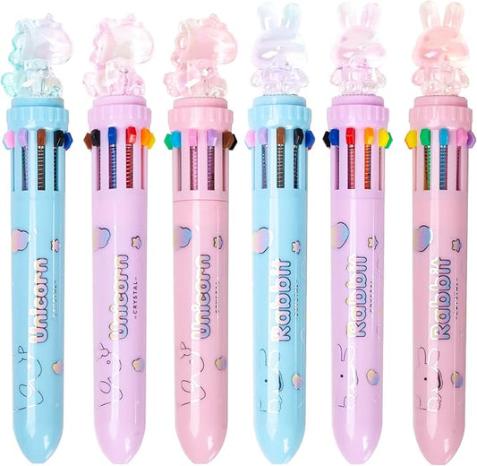 Multicolor Ballpoint Pen 0.7 mm, 10-in-1 Colored Pens Fine Point Retractable Cute Cartoon Animal Ballpoint Pens for Office School Supplies Students Kids Gifts, 6 Pack
