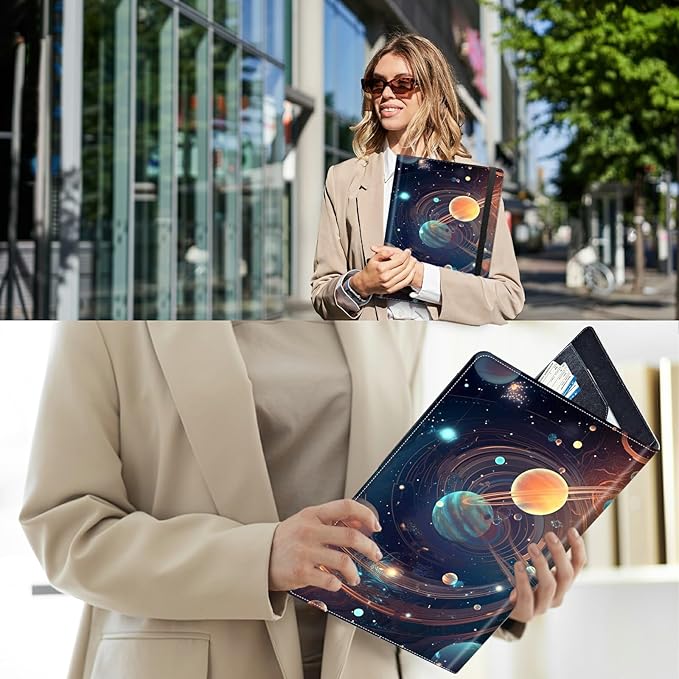 PU Leather Padfolio Clipboard Notepad with Pen Loop and Elastic Strap Interview/Resume Document Organizer for Business School Office,Starry Night Moons Sun