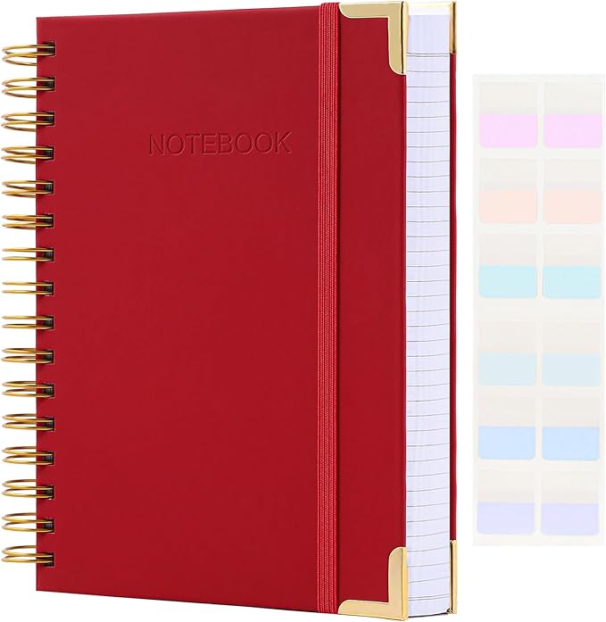 Spiral Notebook, Hardcover Leather Journal for Women Men, 300 Page Thick Notebooks College Ruled for Work, School, Note Taking, Writing Journals, Large A5 Notebook with Tabs Sticky, 5.7" x 8.5", Red