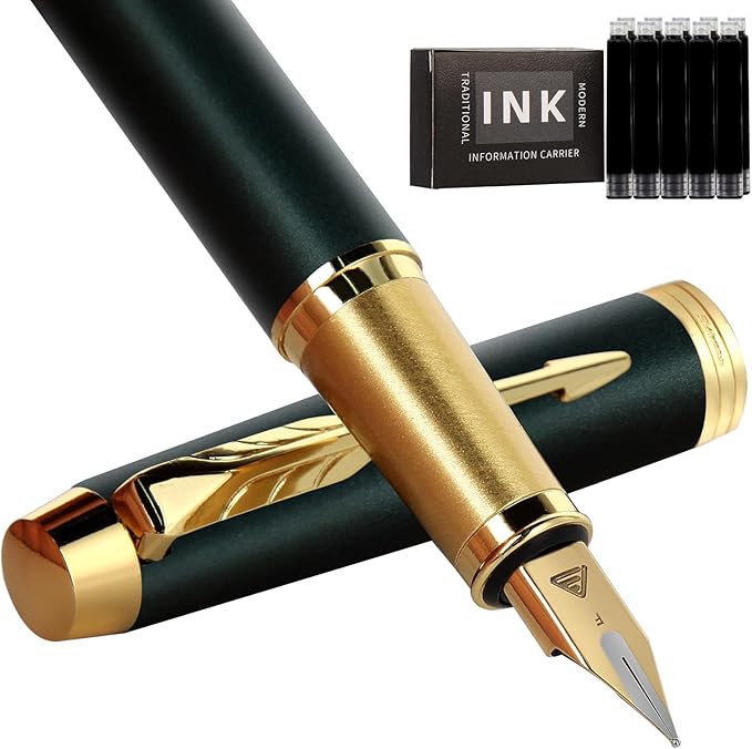 Fountain Pen, luxury pens, Fine point smooth writing pens for journaling fancy pens with Gift Case 10 black ink cartridges an ink converte nice pens writer gifts-Matte Green