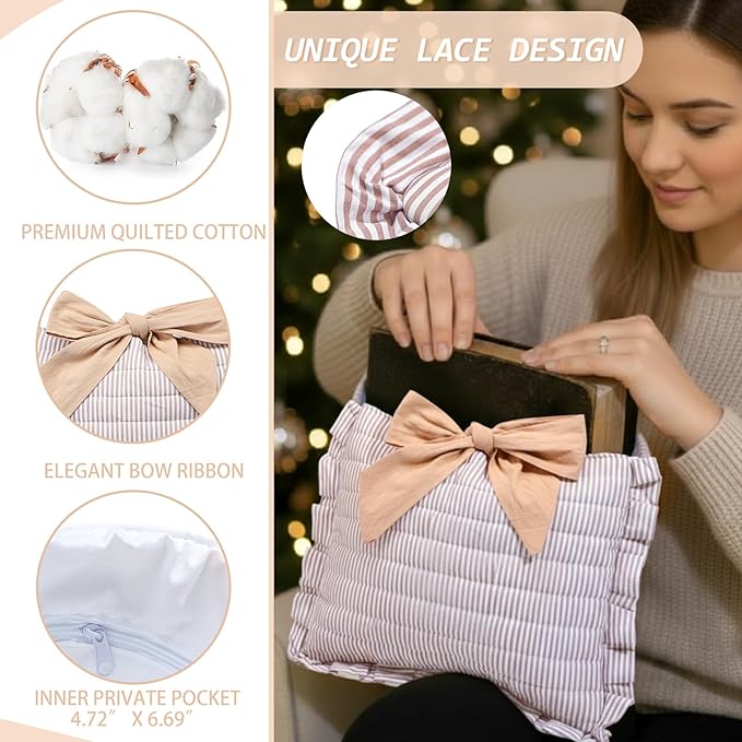 Honoson Quilted Bow Bible Sleeve Book Cover Case Padded Protector Washable Bible Bag Pouch Christian Gift for Women Girls Book Lover Gifts (Khaki Striped)