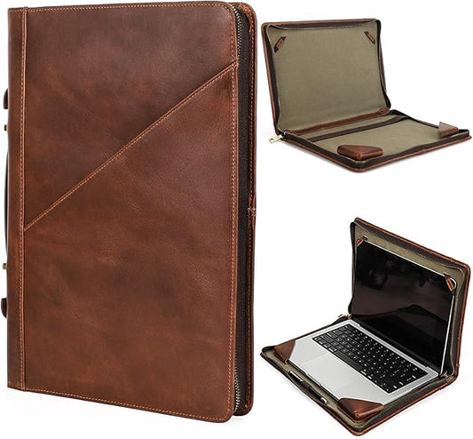 Top Grain Leather 13.3" Slim Laptop Zipper Folio Case Bag, Vintage Design & 2 Pockets, Handmade, Compatible with MacBook Pro 13.3" MacBook Air M1/M2 ZENBOOK 13.3" & other PC, Brown 13.3 Inch