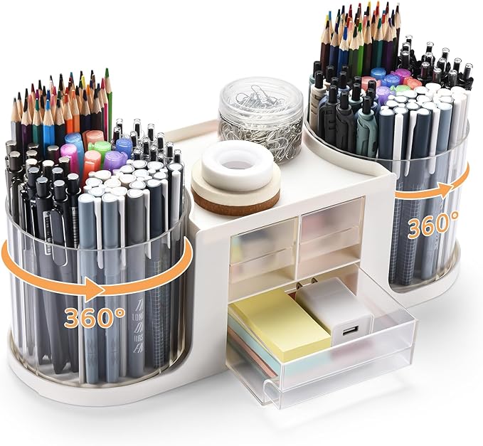 Rotating Desk Organizer with 2 Pen Holder, Desk Organizers and Accessories with 10 Slots Pencil Holder for Desk + 3 Drawer, Art Supply Storage Box Caddy for Office School Home (White)