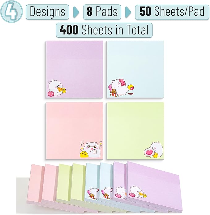 Mr. Pen- Sticky Notes, 3”x3”, 8 Pads, 400 Sheets, Cute Bear Sticky Notes, Sticky Pads Sticky Notes Aesthetic, Colorful Sticky Notes Bulk Sticky Notes Cute Sticky Notes for Women