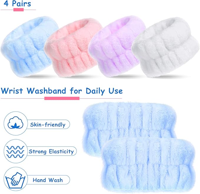 Chuangdi 4 Pairs Wrist Bands for Washing Face Wrist Spa Microfiber Wash Towel Band Scrunchies Absorbent Wristbands Sweatband for Women Prevent Liquid from Spilling
