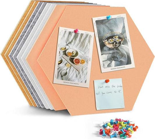 12" Large Bulletin Board with 30 Push Pins, Pack of 8 Hexagon Felt Pin Board Notice Boards for Home Office Kitchen, Felt Wall Tiles for Photos Memos (White Yellow)