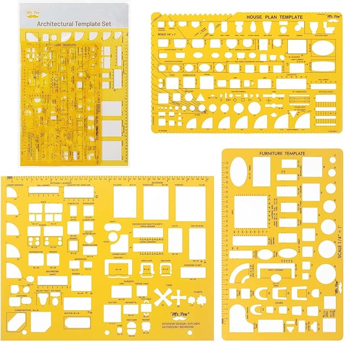 Mr. Pen- House Plan, Interior Design and Furniture Templates, Drafting Tools and Ruler Shapes for Architecture - Set of 3