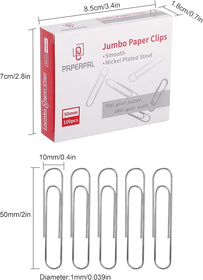 PAPERPAL Jumbo Paper Clips Smooth, 300 Large Paperclips (3 Boxes of 100 Each), Paperclips for Office School & Personal Use, Daily DIY, 2" Silver Paper Clips Jumbo Size