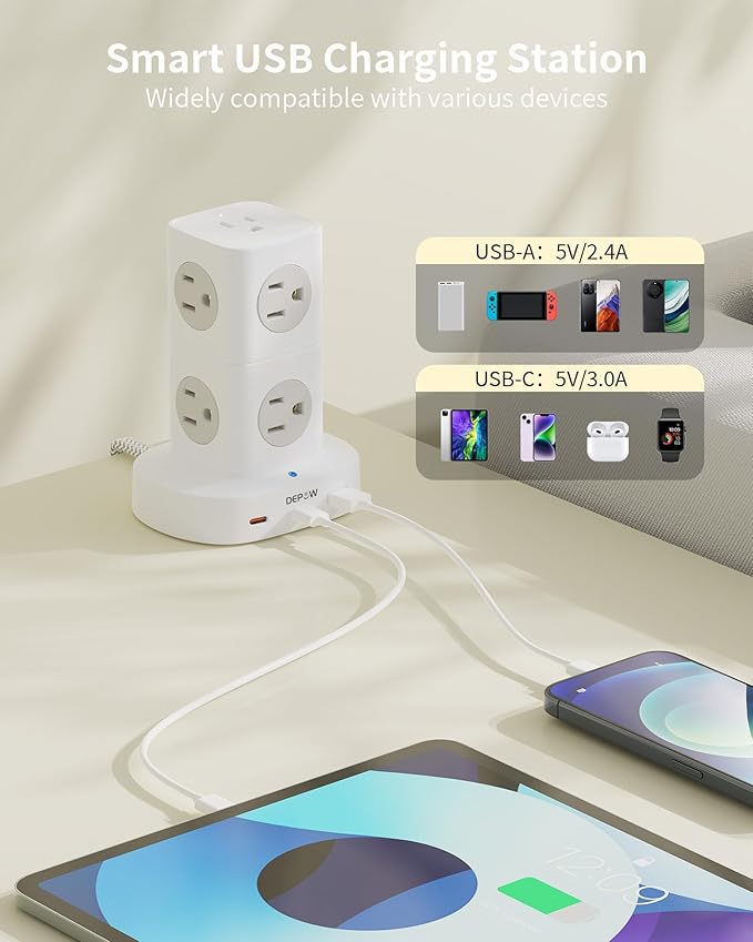 Power Strip Tower, 10 FT Extension Cord with 9 Outlets 3 USB (2 USB C), Surge Protector Tower, Multiple Outlets Power Strip Tower, Ideal for Dorms, Home Office, Travel, Hotels