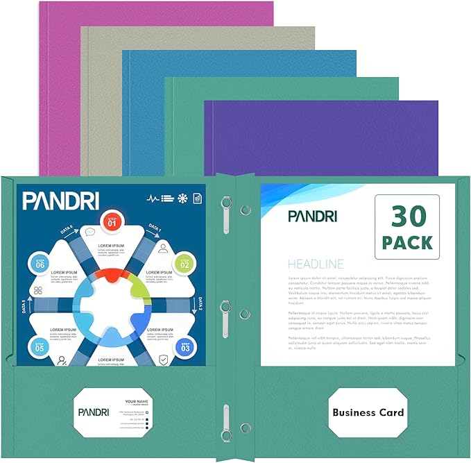 Two Pocket Folders, PANDRI 30 Pack Two Pocket Folders with Prongs, Designed for Office and Classroom, Assorted 5 Dark Colors 2 Pocket 3 Prong Folders
