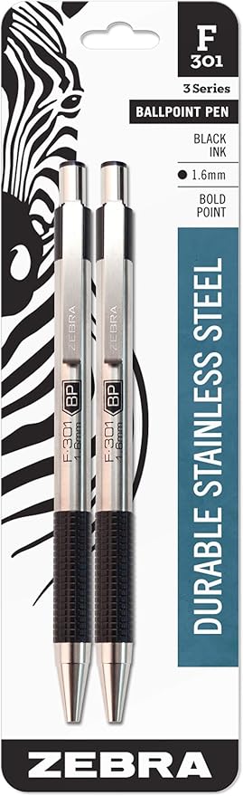 Zebra Pen F-301 Bold Ballpoint Retractable Pens, 1.6mm Point Size, Black Ink, Pack of 2 (27312)