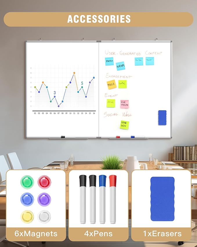 60"X 40" Large Magnetic Dry Erase Whiteboard, Wall Hanging Board with 8 Pens & 4 Dry Erasers & 30 Magnets, Sliver Aluminum Frame White