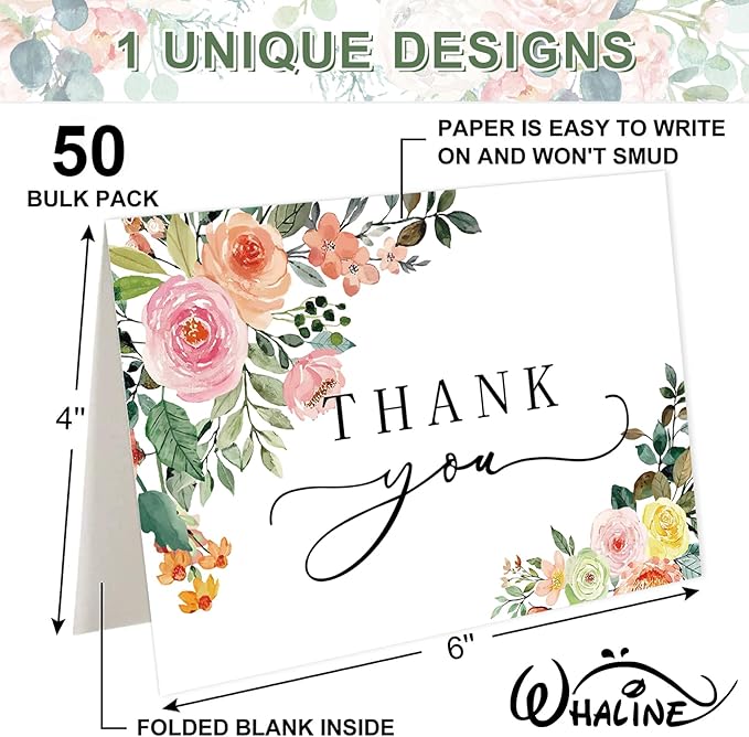 Whaline 50 Pack Floral Thank You Cards Boxed Watercolor Flower with Green Leaves Blank Note Cards with Envelopes Stickers Greeting Cards for Spring Wedding Birthday