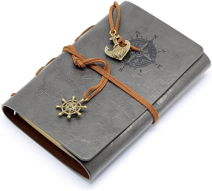 EvZ Leather Writing Journal Notebook, 5 Inches Vintage Nautical Spiral Blank String Diary Notepad Sketchbook Travel to Write in, Unlined Paper, Retro Pendants, Classic Embossed, Grey