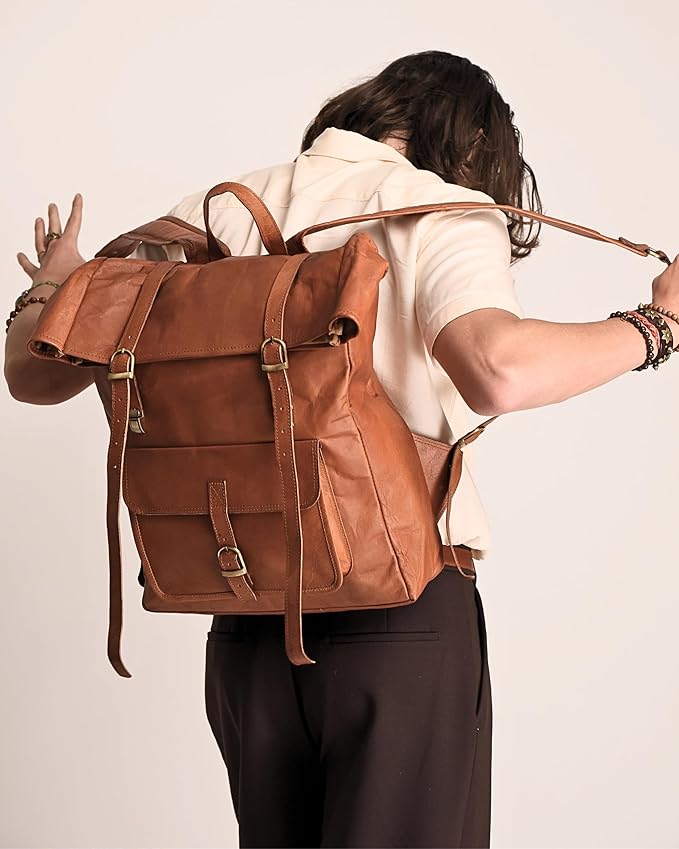 Genuine Leather Backpack for Men - 17.3 Inch Laptop - Designer Roll-top bookbag - Vintage Fashion rucksack back pack for work & travel, X-Large Tan (Brown)