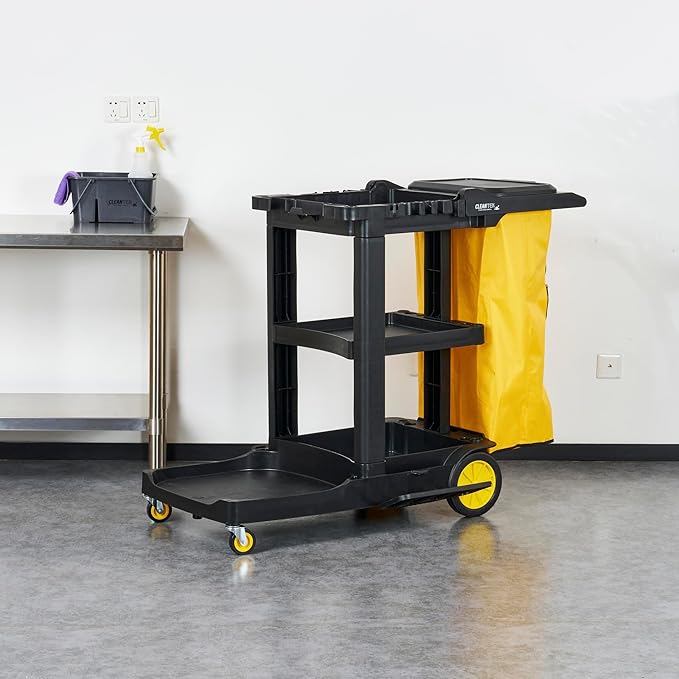 Restaurantware-Clean Tek Professional Janitor Cart with Wheels, 1 Cleaning Trolley with Cover and 21 Gallon Bag - 3 Shelves, Heavy-Duty, Gray Plastic Commercial Janitorial Cart, for Restaurants
