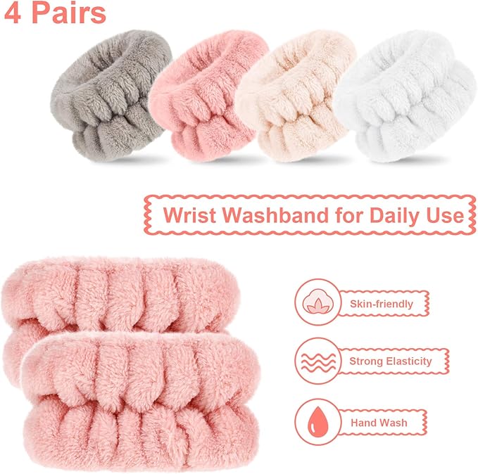 Chuangdi 4 Pairs Wrist Bands for Washing Face Wrist Spa Microfiber Wash Towel Band Scrunchies Absorbent Wristbands Sweatband for Women Prevent Liquid from Spilling