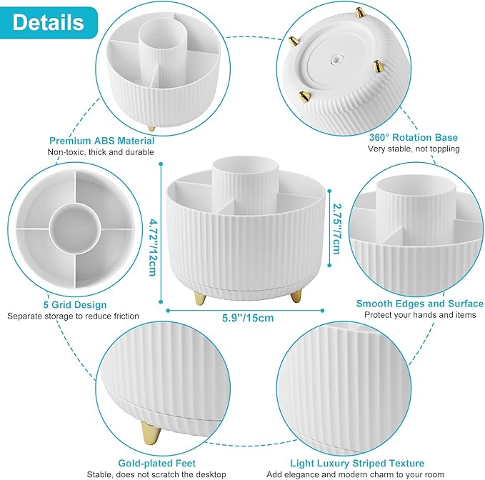 Desk Pencil Pen Holder - 5 Slot 360 Degree Rotating Desk Pen Organizer for Desktop Storage Stationery Supplies Cup Pot - White