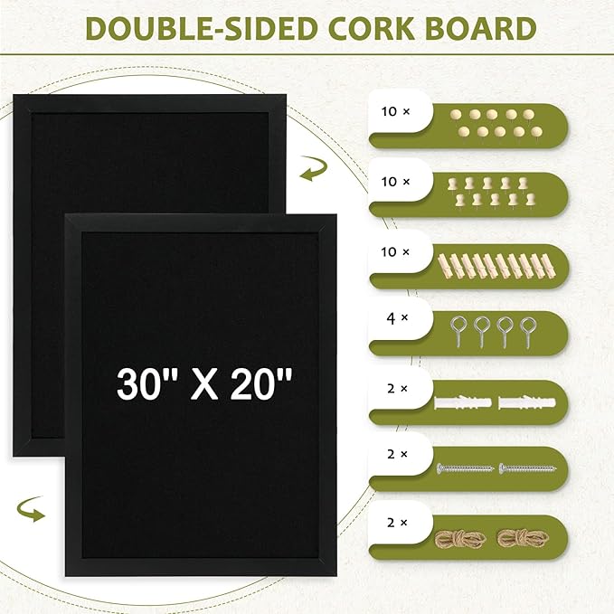 Double-Sided Black Cork Board with Linen, 30" x 20" Hanging Wood Framed Large Bulletin Board, Picture Display Vision Board Kit Corkboards for Wall Room School Office Decor, 20 Pushpins