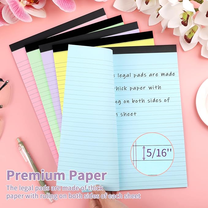 WINKIO Colored Legal Pads,5 Pack Writing Pads 8.5 x 11 inch, Micro Perforated Notebooks with Sturdy Back, Wide Ruled, 30 Sheets Per Writing Pad for School, College, Office, Professional