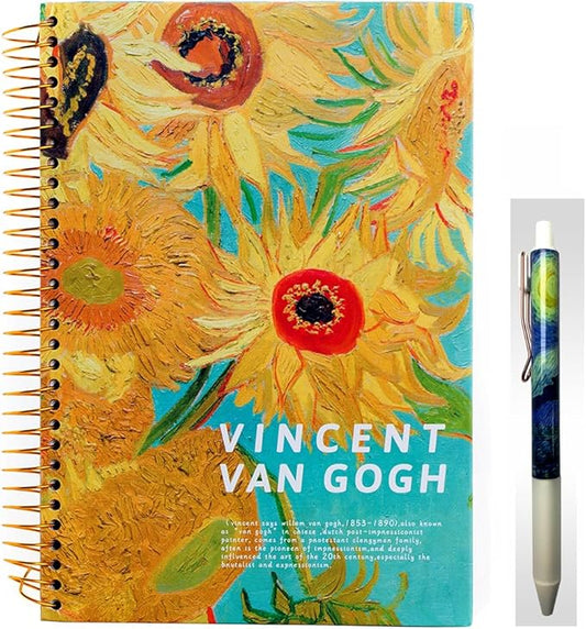 Sunflower Gifts for Women Van Gogh Notebook Hardcover Spiral Notebook Sunflower Journal 10.6" x 7.3" 300 Pages Journal Wide Ruled Notebook for Work,Gift,Office