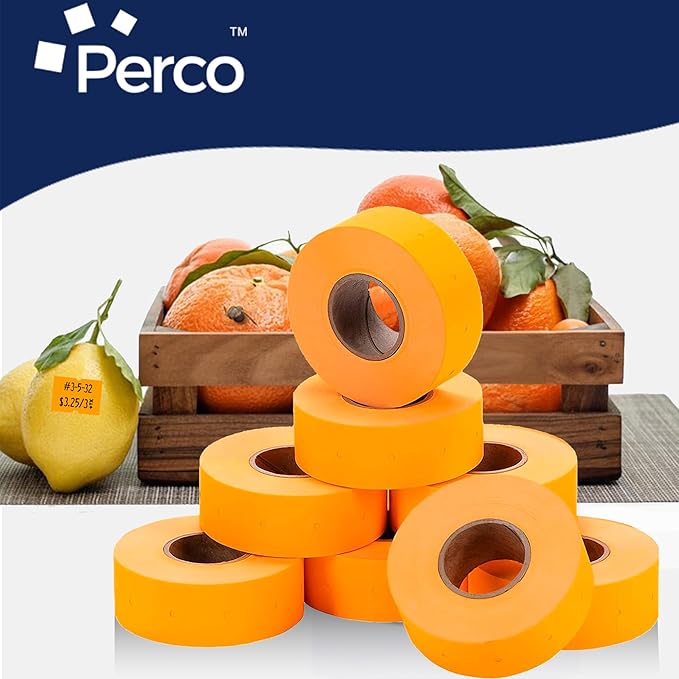 Perco 2 Line Fluorescent Orange Labels - 8 Rolls, 1 Sleeve, 6,000 Blank Price and Date Gun Labels for Perco 2 Line Price and Date Guns - Made in USA