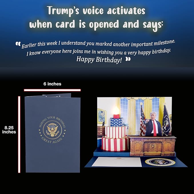 OUR FRIENDLY FOREST Pop Up Birthday Card with Light & Sound Features Real Donald Trump Voice Message for Men and Women, Parents, Couples (Cake)