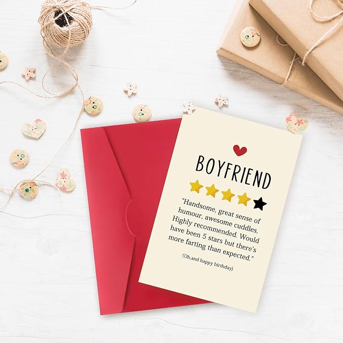 Funny Birthday Card for Boyfriend，Happy Birthday Cards Gifts for Men Him，Humorous 4-Star Review Bday Gift Card for Boyfriend，Romantic Birthday Gifts for Boyfriend from Girlfriend